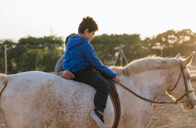 A young boy in a blue hoodie rides a white horse outdoors at sunset, guided by an adult’s hand for support—a reminder from Massaro Law to help prevent equine accidents. Trees and a fence are visible in the background.